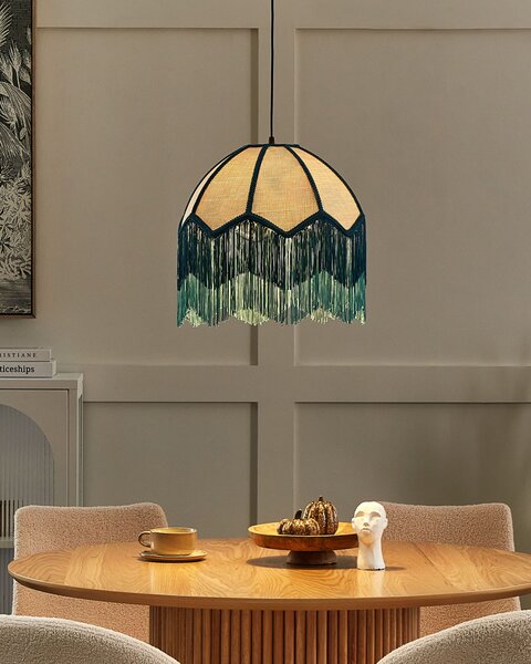 Závesná lampa modrá papierová tkanina 182 cm lemovaná strapcami osvetlenie závesné svetlo retro vintage