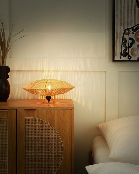 Stolná lampa prírodná slamené tienidlo čierna železná objímka na žiarovku boho nočné svietidlo spálňa obývacia izba