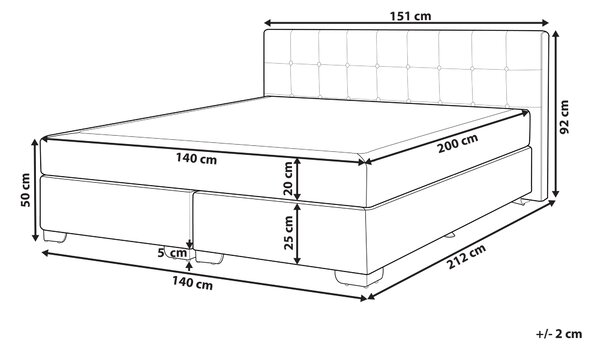 Kontinentálna posteľ čierna látková čalúnená 140 x 200 cm rám postele s čelom a pružinovým matracom