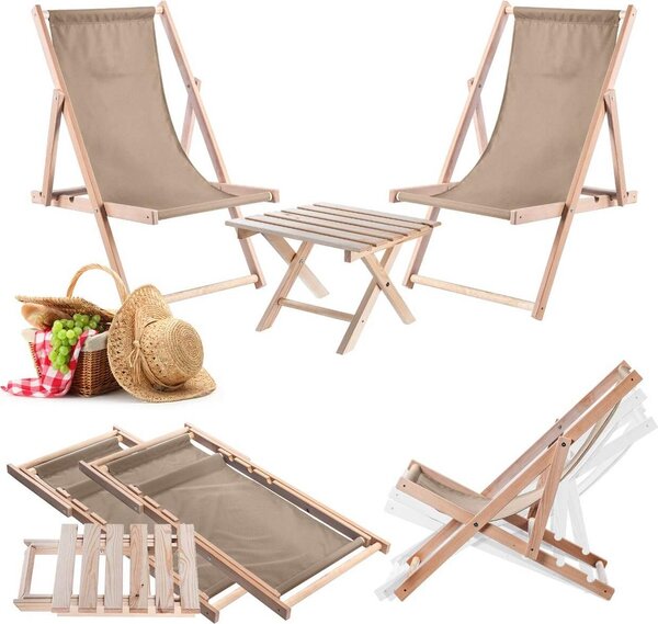 KADAX set prírodný konferenčný stolík pre ležadlá + 2 drevené ležadlá cappuccino