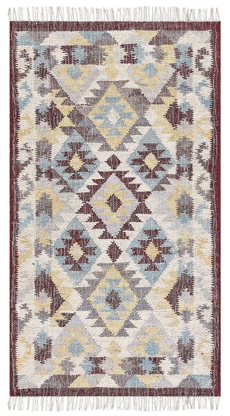 Koberec viacfarebný jutový 80 x 150 cm obdĺžnikový so strapcami ručne tkaný boho štýl obývacia izba spálňa