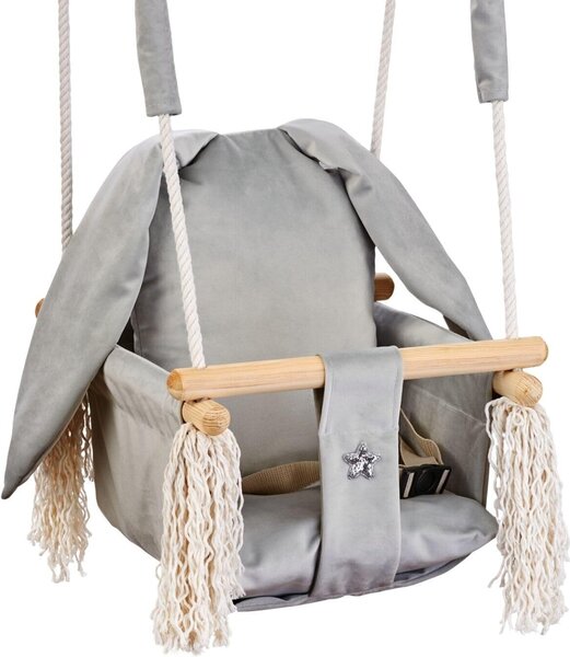 Love Gifts® Drevená detská hojdačka, vysokokvalitná a vhodná ako hojdačka do interiéru, možno ju namontovať na strop a do rámu dverí, králičia sivá farba, vyrobené v EÚ
