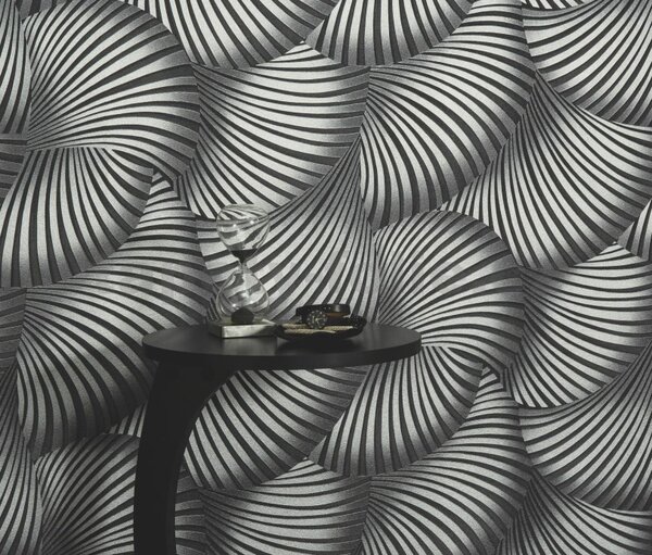 Vliesové tapety na stenu GMK Fashion for walls 5 10525-29, rozmer 10,05 m x 0,53 m, 3D twill strieborný na čiernom podklade, Erismann