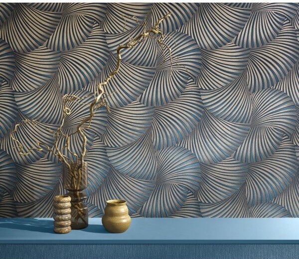 Vliesové tapety na stenu GMK Fashion for walls 5 10525-08, rozmer 10,05 m x 0,53 m, 3D twill zlatý na modrom podklade, Erismann