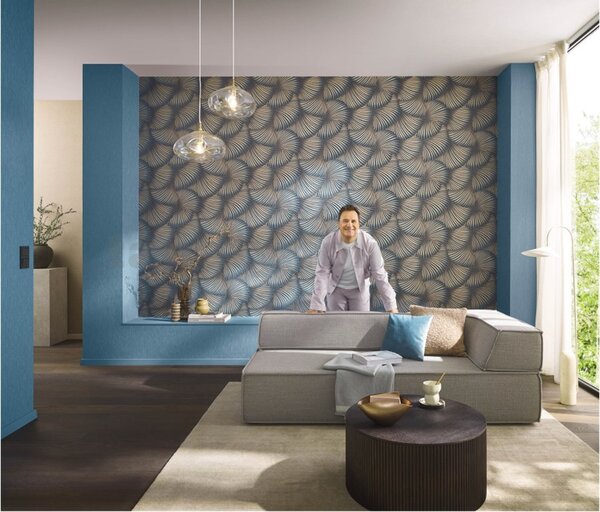 Vliesové tapety na stenu GMK Fashion for walls 5 10525-08, rozmer 10,05 m x 0,53 m, 3D twill zlatý na modrom podklade, Erismann