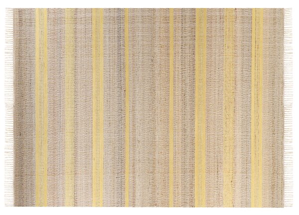 Koberec béžový a žltý jutový 160 x 230 cm obdĺžnikový behúň pruhovaný vzor strapce ručne tkaný boho dizajn predsieň