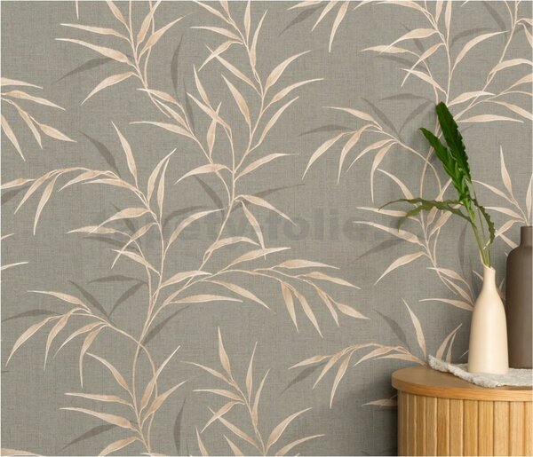 Vliesové tapety na stenu GMK Fashion for walls 5 10528-11, rozmer 10,05 m x 0,53 m, lístky niklové na béžovom podklade, Erismann