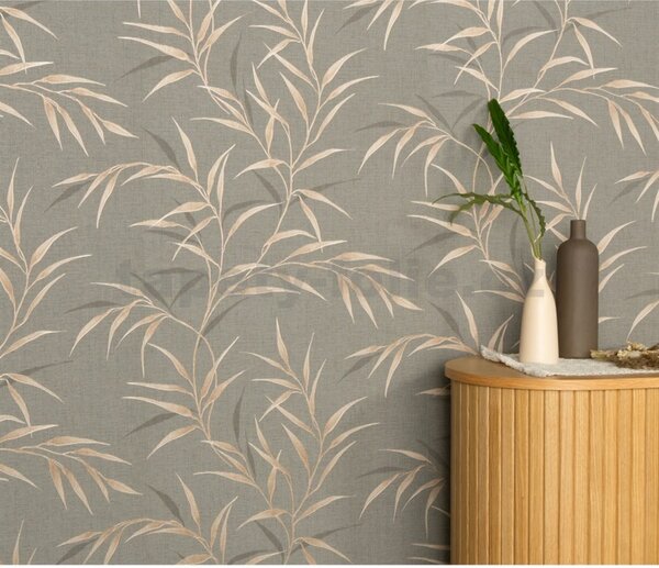 Vliesové tapety na stenu GMK Fashion for walls 5 10528-11, rozmer 10,05 m x 0,53 m, lístky niklové na béžovom podklade, Erismann