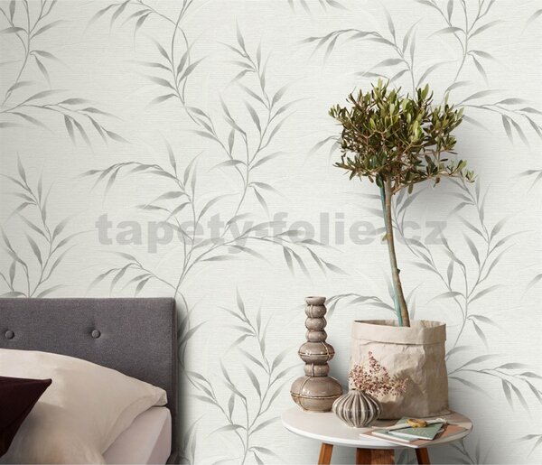 Vliesové tapety na stenu GMK Fashion for walls 5 10528-31, rozmer 10,05 m x 0,53 m, lístky strieborné na bielom podklade, Erismann