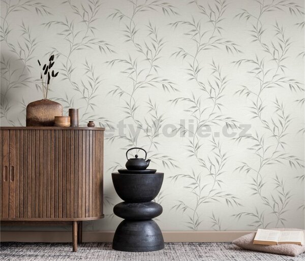 Vliesové tapety na stenu GMK Fashion for walls 5 10528-31, rozmer 10,05 m x 0,53 m, lístky strieborné na bielom podklade, Erismann