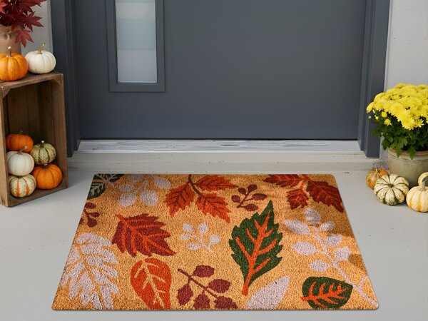 Rohožka viacfarebná prírodné kokosové vlákno 60 x 90 cm PVC povlak protišmyková rohož so vzorom listov do interiéru moderná