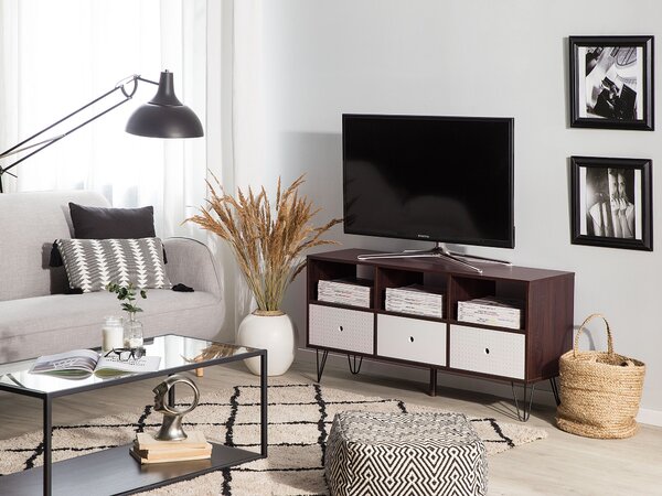 TV stolík tmavé drevo biela 120 x 35 cm na nožičkách úložný priestor 3 police 3 zásuvky moderný retro štýl obývačka spálňa