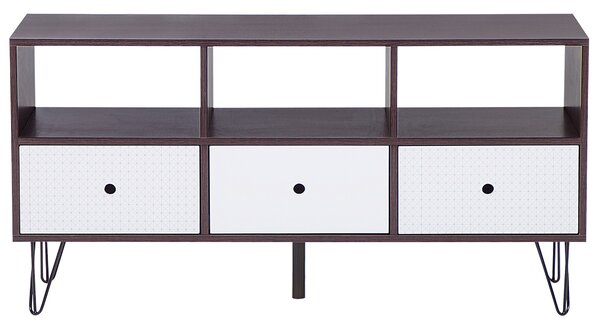 TV stolík tmavé drevo biela 120 x 35 cm na nožičkách úložný priestor 3 police 3 zásuvky moderný retro štýl obývačka spálňa