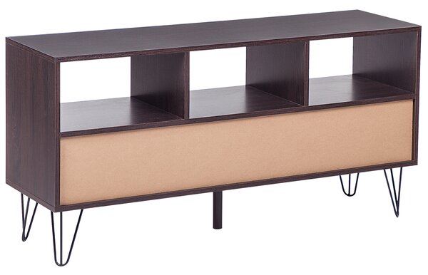 TV stolík tmavé drevo biela 120 x 35 cm na nožičkách úložný priestor 3 police 3 zásuvky moderný retro štýl obývačka spálňa