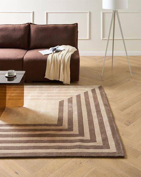 Koberec béžový viskóza a vlna obdĺžnikový tvar geometrický vzor 200 x 300 cm moderný štýl obývacia izba