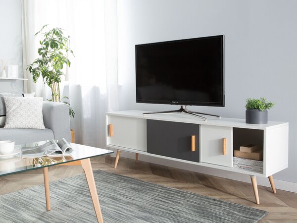 TV stolík biela nízka skrinka z MDF s posuvnými dvierkami úložný nábytok škandinávsky štýl