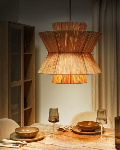Závesná lampa prírodná slamené tienidlo čierna kovová objímka na žiarovku boho stropné svietidlo obývačka spálňa