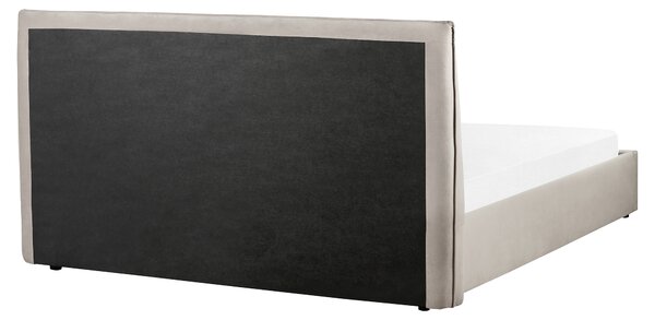 Posteľ s úložným priestorom sivobéžová zamatové čalúnenie 160 x 200 cm klasické čelo drevené lamely spálňa
