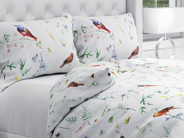 Biante Bavlnené posteľné obliečky Sandra SA-392 Lúčne kvietky s vtáčikmi Predĺžené 140x220 a 70x90 cm
