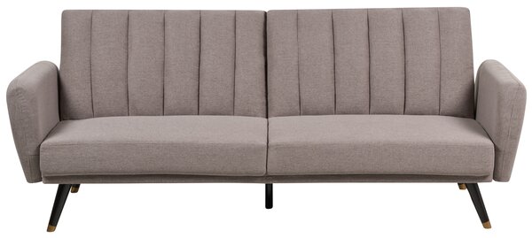 Rozkladacia pohovka svetlohnedá látkové čalúnenie vhodná na spanie elegantná moderná obývacia izba spálňa