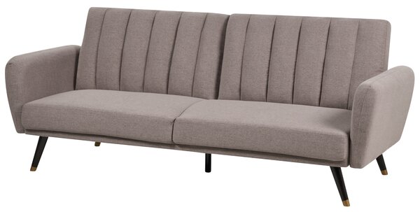 Rozkladacia pohovka svetlohnedá látkové čalúnenie vhodná na spanie elegantná moderná obývacia izba spálňa