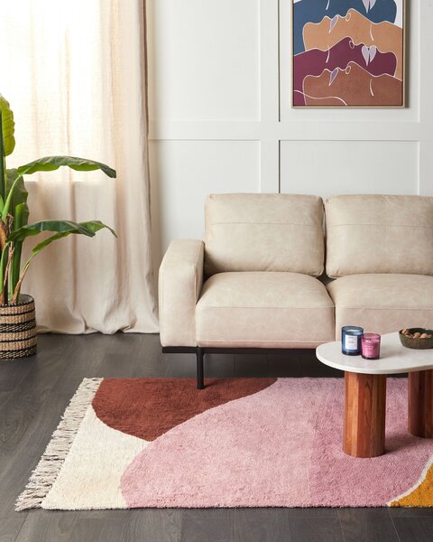 Koberec viacfarebný ružová bavlna 140 x 200 cm abstraktný vzor s nízkym vlasom so strapcami obdĺžnikový obývacia izba spálňa
