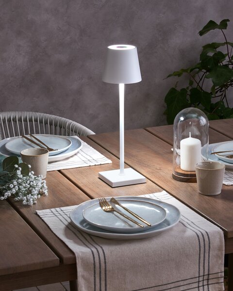 Stolná lampa biela železo hliník s dotykovým vypínačom nabíjanie cez USB kábel bezdrôtová moderný štýl interiér exteriér