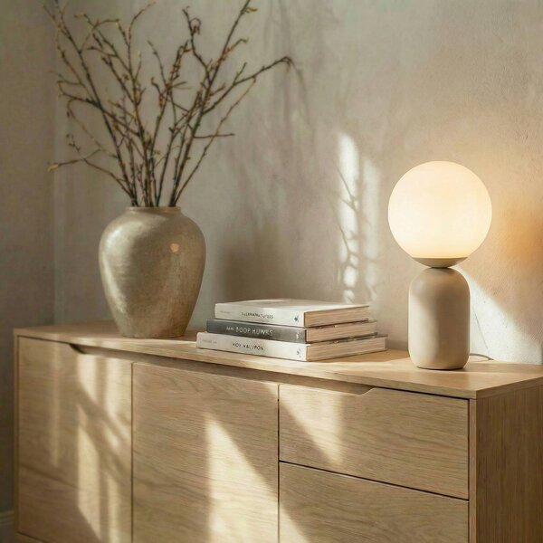 Stolná lampa Lindby Lennes, béžová, sklo, Ø 20 cm, Biela / opálová, Obývacia izba / jedáleň, Sklo, Moderný, Stojacie svietidlo
