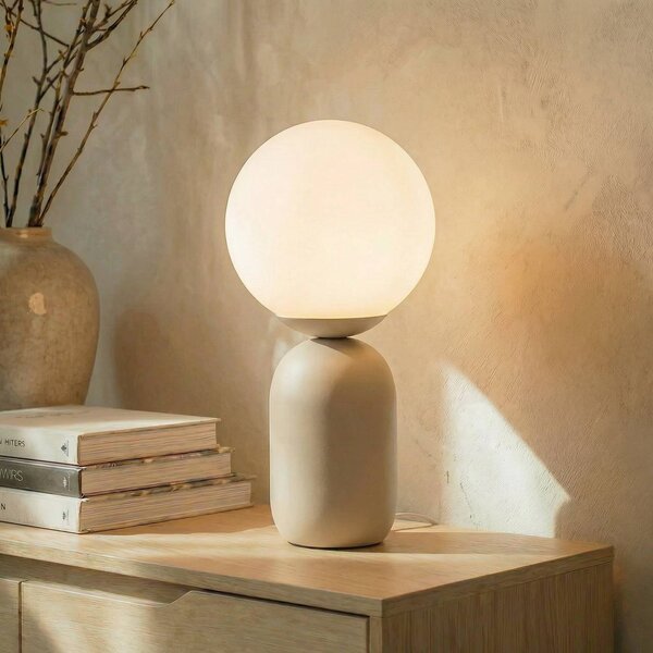 Stolná lampa Lindby Lennes, béžová, sklo, Ø 20 cm, Biela / opálová, Obývacia izba / jedáleň, Sklo, Moderný, Stojacie svietidlo