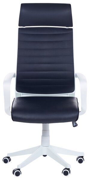 Kancelárska stolička čierna umelá koža výškovo nastaviteľná s opierkami na kolieskach ergonomický tvar moderný štýl