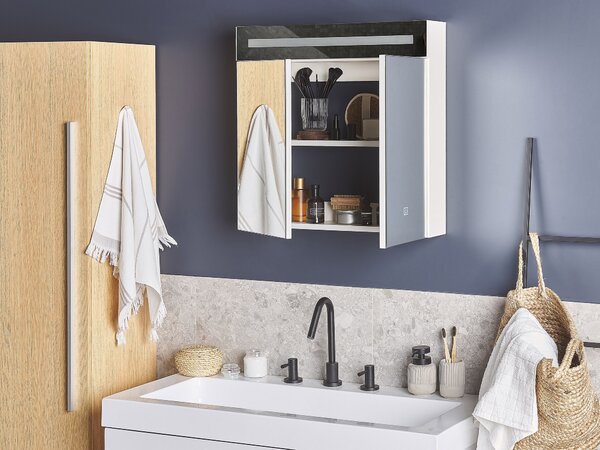 Zrkadlová skrinka do kúpeľne biela strieborná preglejka sklo s LED osvetlením 60 x 60 cm moderný štýl