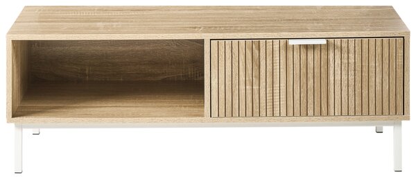Konferenčný stolík svetlohnedý MDF kovové nohy 110 x 50 cm úložný priestor 1 zásuvka moderný škandinávsky štýl obývacia izba