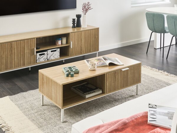 Konferenčný stolík svetlohnedý MDF kovové nohy 110 x 50 cm úložný priestor 1 zásuvka moderný škandinávsky štýl obývacia izba