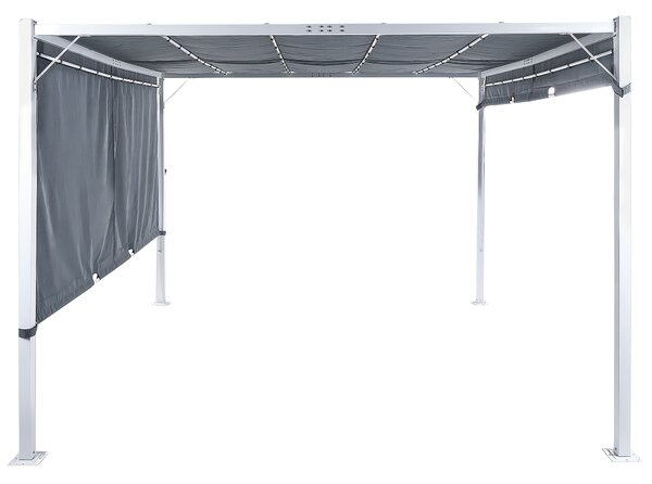 Pergola sivý polyester oceľový rám 310 x 310 cm látkové tienidlo solárne LED svetlá záhradný prístrešok