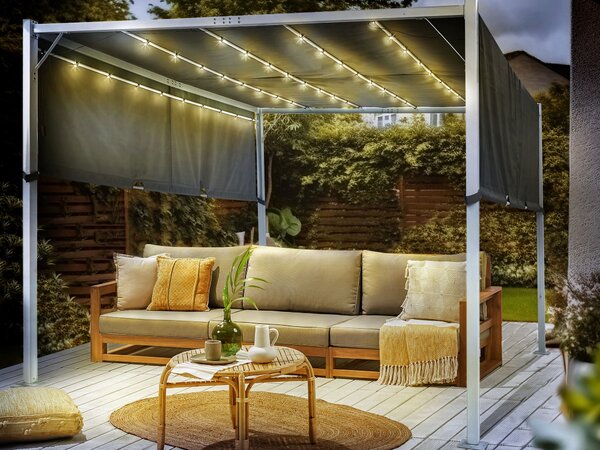 Pergola sivý polyester oceľový rám 310 x 310 cm látkové tienidlo solárne LED svetlá záhradný prístrešok