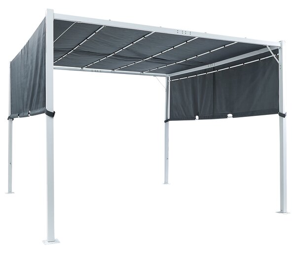 Pergola sivý polyester oceľový rám 310 x 310 cm látkové tienidlo solárne LED svetlá záhradný prístrešok