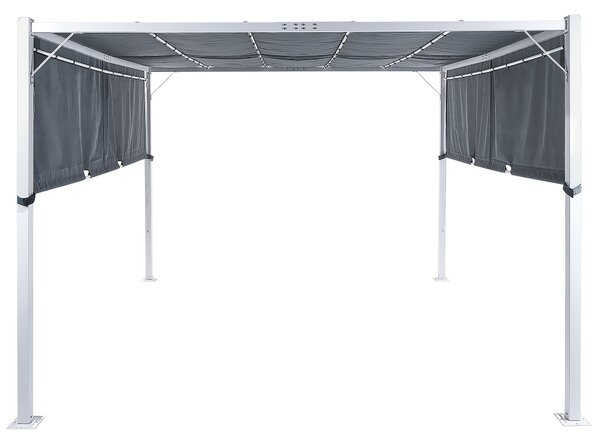 Pergola sivý polyester oceľový rám 310 x 310 cm látkové tienidlo solárne LED svetlá záhradný prístrešok