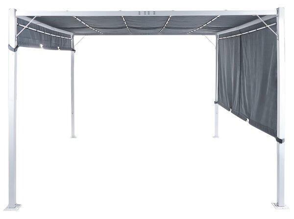Pergola sivý polyester oceľový rám 310 x 310 cm látkové tienidlo solárne LED svetlá záhradný prístrešok