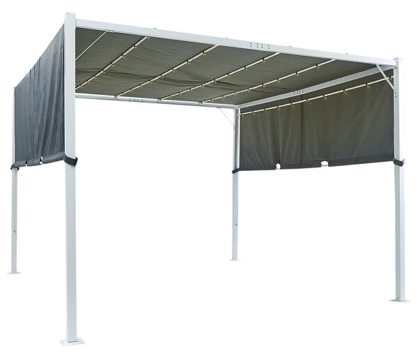 Pergola sivý polyester oceľový rám 310 x 310 cm látkové tienidlo solárne LED svetlá záhradný prístrešok