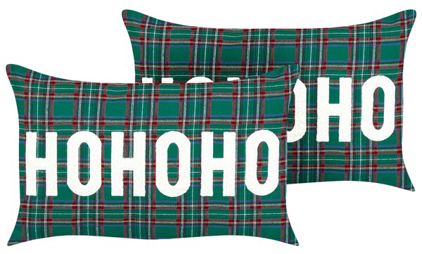 Sada 2 dekoratívnych vankúšov zelená polyester tartanový kockovaný vzor vianočný motív 30 x 50 cm obdĺžnikový tvar dekorácie doplnky