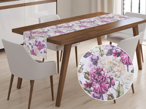 Dekoračný behúň na stôl Leona LN-119 Fialovo smotanové kvety 20x120 cm