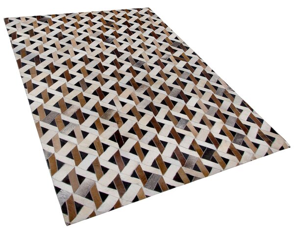 Koberec hnedý a sivý pravá koža 160 x 230 cm krátky vlas geometrický vzor rustikálny boho