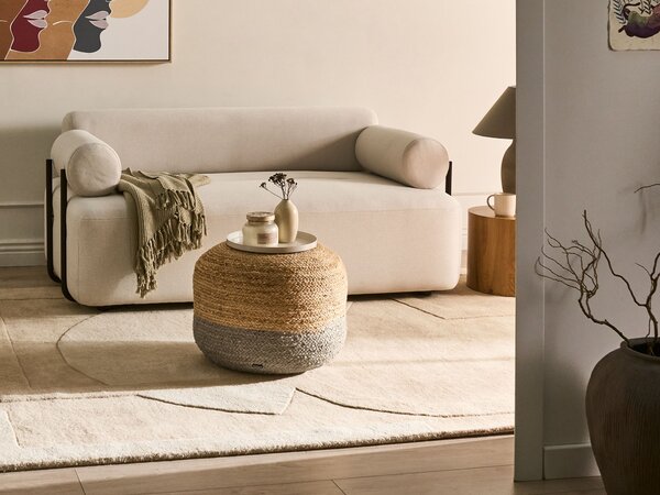 Jutová taburetka prírodná béžová a sivobéžová okrúhla 50 x 40 cm výplň z polystyrénového granulátu boho bytové doplnky