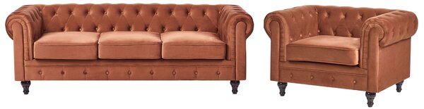Sedacia súprava chesterfield zlatohnedá zamatová čalúnená čierne nohy 3-miestna pohovka s kreslom moderná