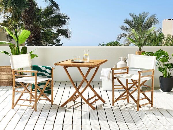 Bistro sada prírodné svetlé bambusové drevo stolík 70 x 70 cm 2 stoličky látkové poťahy skladacie interiér exteriér