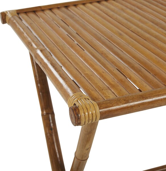 Bistro sada prírodné svetlé bambusové drevo stolík 70 x 70 cm 2 stoličky látkové poťahy skladacie interiér exteriér