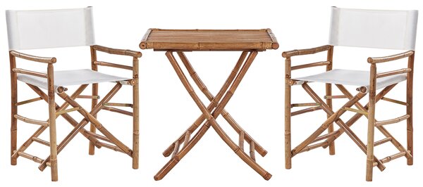 Bistro sada prírodné svetlé bambusové drevo stolík 70 x 70 cm 2 stoličky látkové poťahy skladacie interiér exteriér