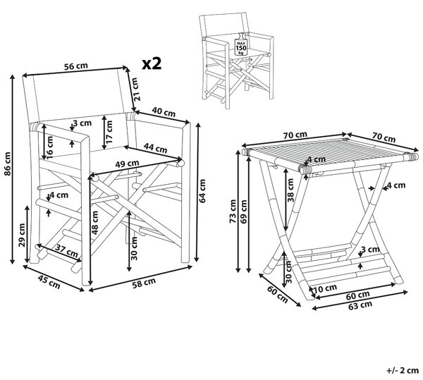 Bistro sada prírodné svetlé bambusové drevo stolík 70 x 70 cm 2 stoličky látkové poťahy skladacie interiér exteriér