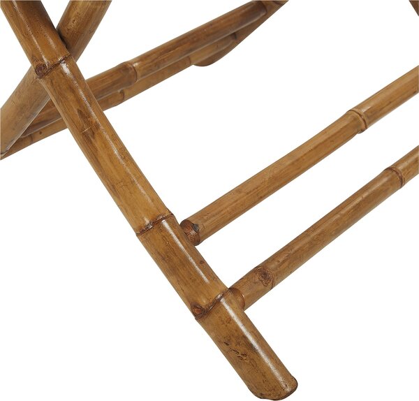 Bistro sada prírodné svetlé bambusové drevo stolík 70 x 70 cm 2 stoličky látkové poťahy skladacie interiér exteriér