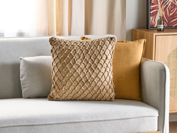 Dekoratívny vankúš béžový juta bavlna 45 x 45 cm tkaný snímateľný poťah so zipsom geometrický vzor bytové doplnky v boho štýle